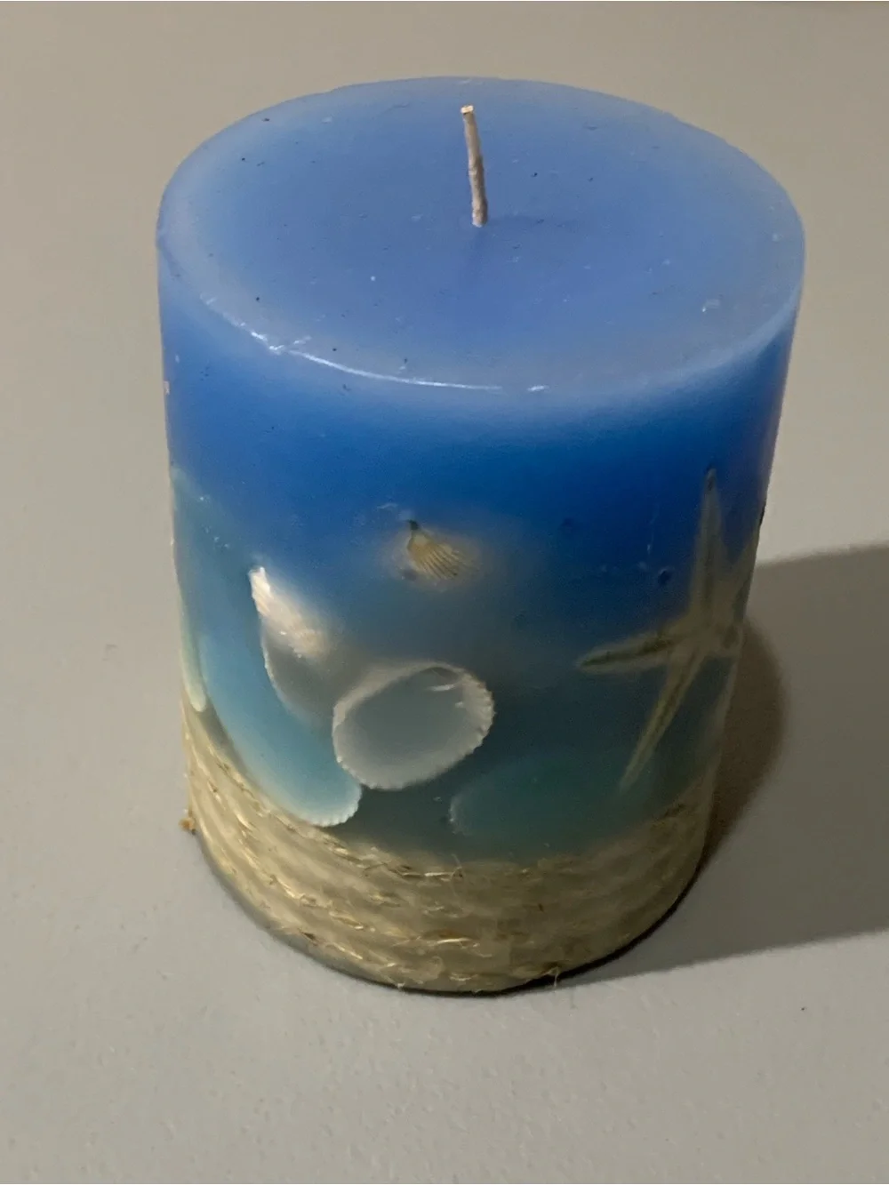 Blue Seashell Pillar Candle with Embedded Shell Accents